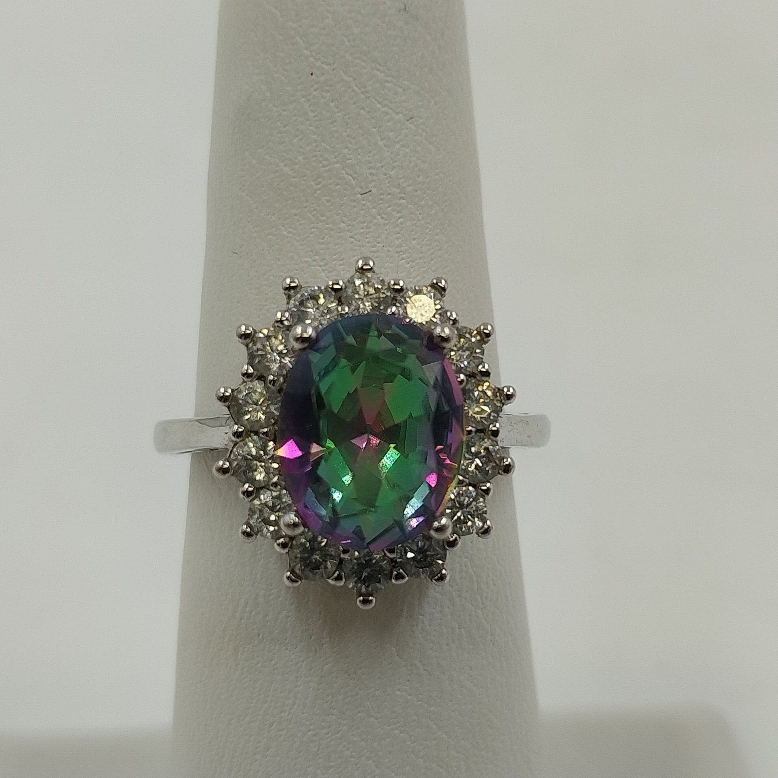 Mystic Topaz Gemstone And Rhinestone Silver Tone Statement Ring Size 6 With Box